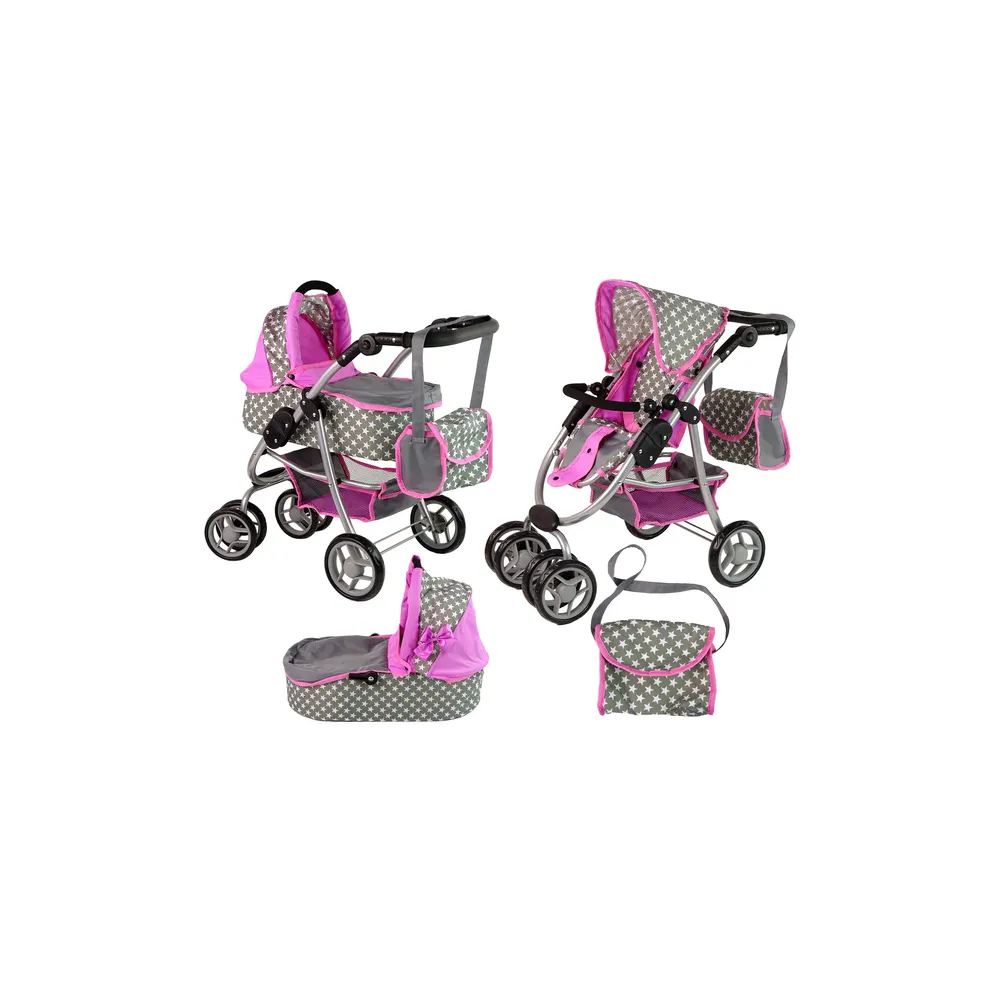 Kūdikių lėlių vežimėlis "2-in-1" krepšys su dėže Pink Stars