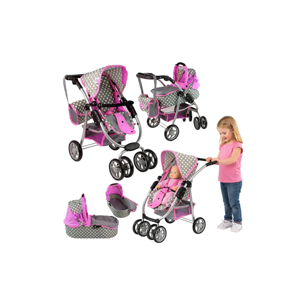 Kūdikių lėlių vežimėlis "2-in-1" krepšys su dėže Pink Stars