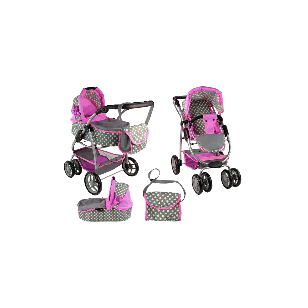 Kūdikių lėlių vežimėlis "2-in-1" krepšys su dėže Pink Stars