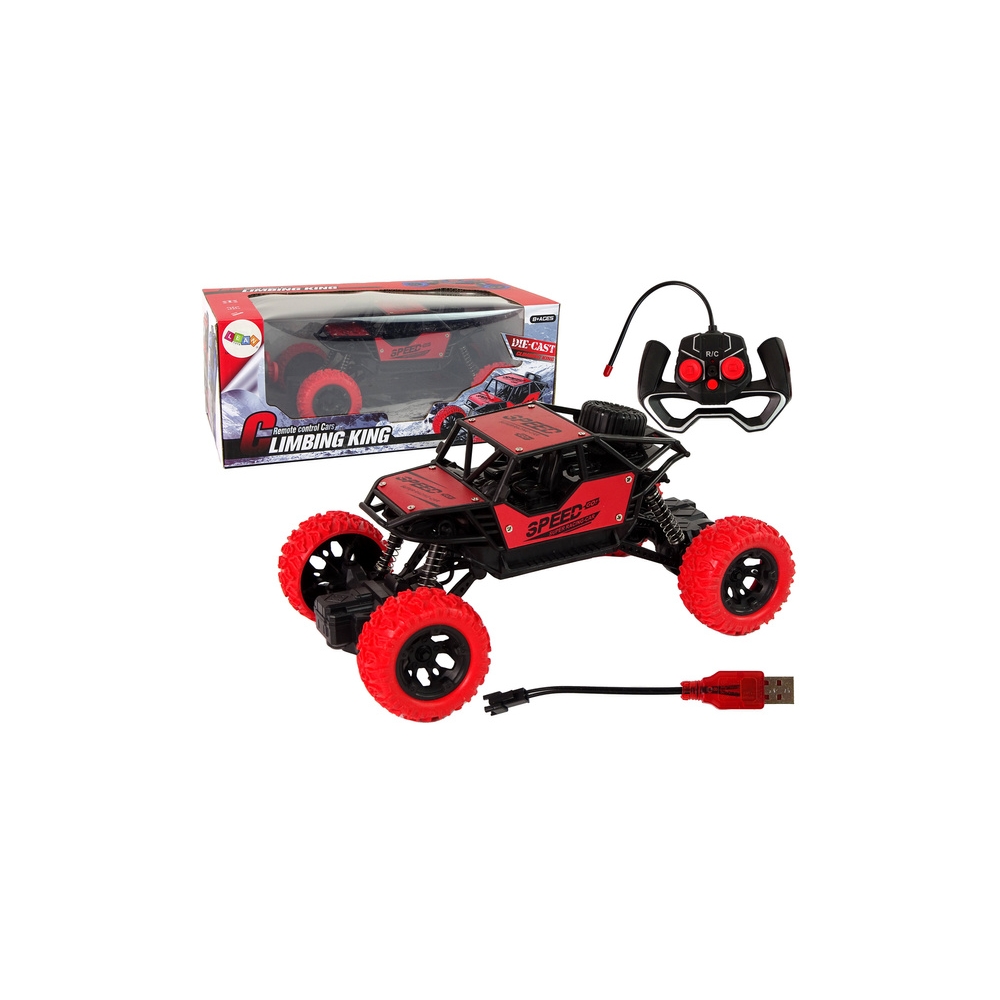 Nuotoliniu būdu valdomas R/C visureigis 1:18 raudonos spalvos.