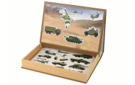 A set of educational magnetic puzzles with a land war motif