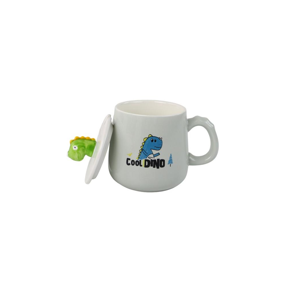 Dinozaurų mėlynas keraminis puodelis, dangtelis, šaukštas, 350 ml-Maitinimui, Indai, įrankiai, gertuvės, Puodeliai, gertuvės-e-v