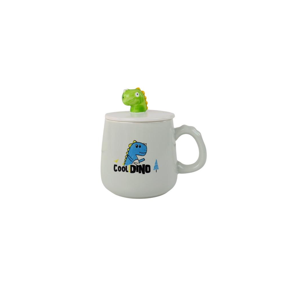 Dinozaurų mėlynas keraminis puodelis, dangtelis, šaukštas, 350 ml-Maitinimui, Indai, įrankiai, gertuvės, Puodeliai, gertuvės-e-v