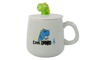 Dinozaurų mėlynas keraminis puodelis, dangtelis, šaukštas, 350 ml-Maitinimui, Indai, įrankiai, gertuvės, Puodeliai, gertuvės-e-v