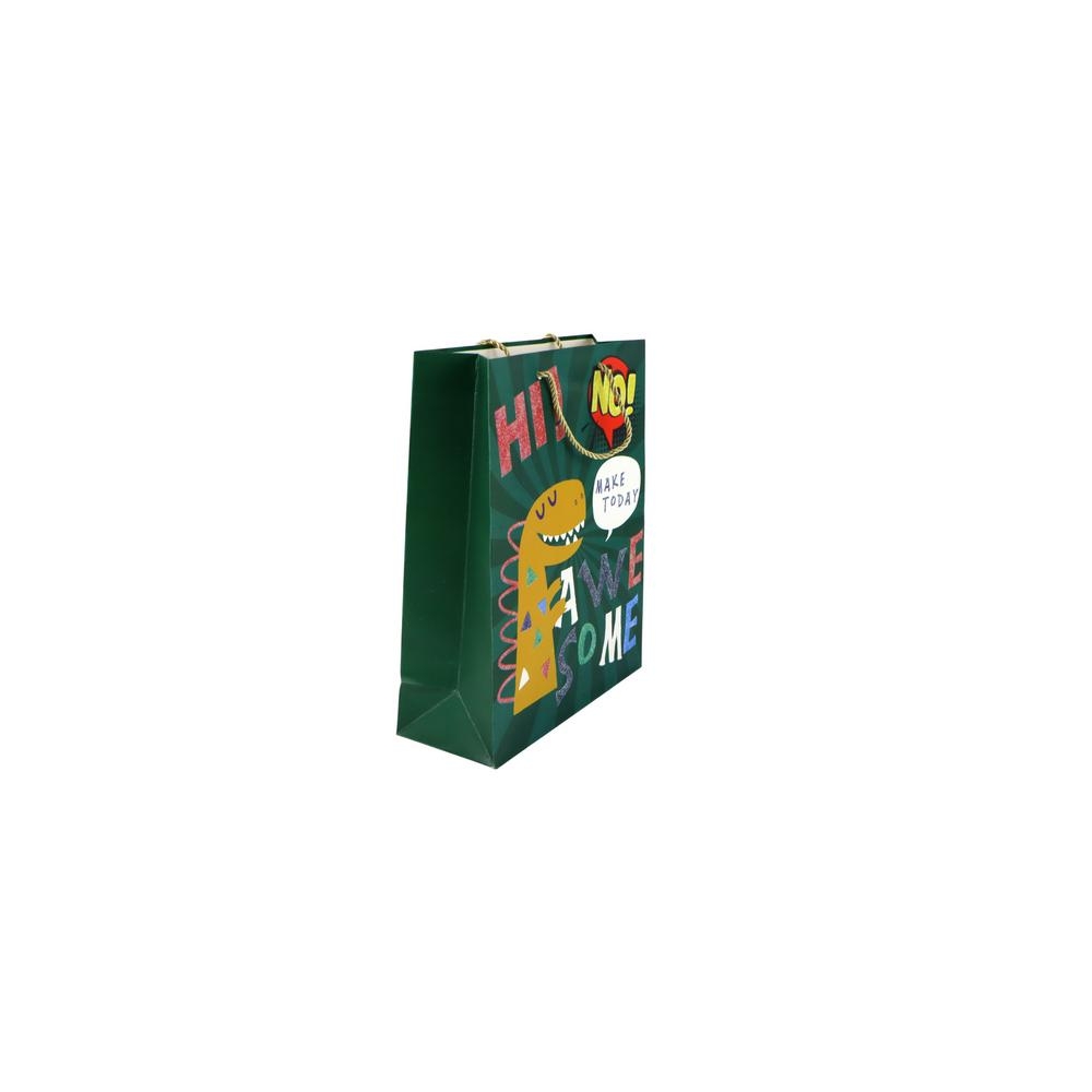 Žalias dinozaurų popierinis dovanų maišelis 32 cm x 26 cm x 10 cm