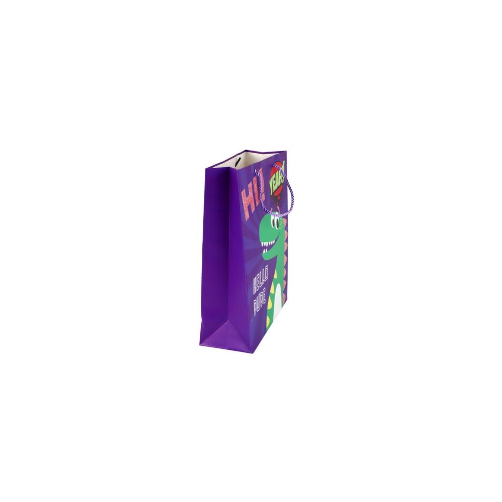 Violetinės spalvos dinozaurų popierinis dovanų maišelis 41,5 cm x 30 cm x 12 cm