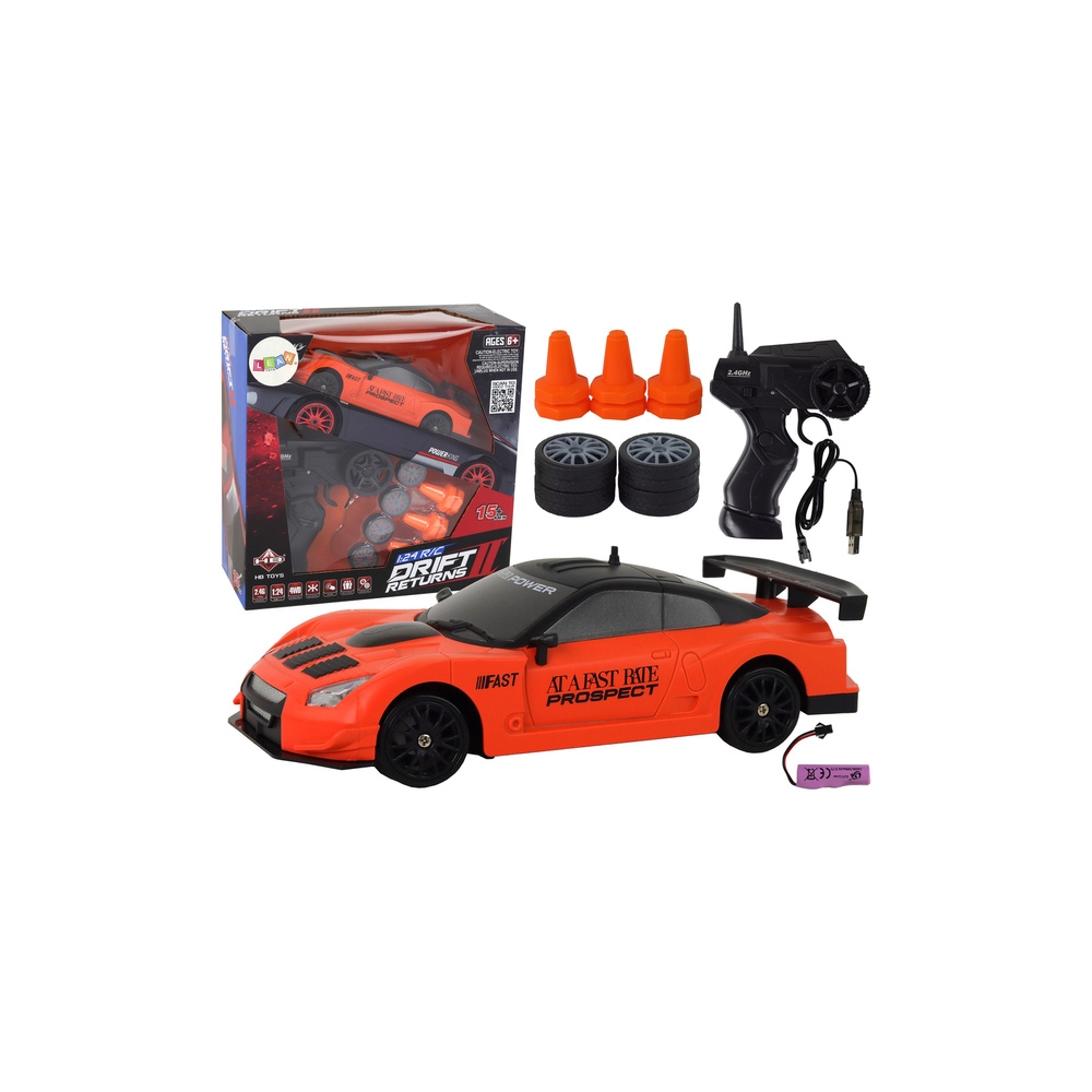 Nuotoliniu būdu valdomas R/C 1:24 oranžinis sportinis automobilis su keičiamais ratais