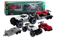 Rinkinys: baltas visureigis, raudonas sportinis automobilis, sunkvežimis
