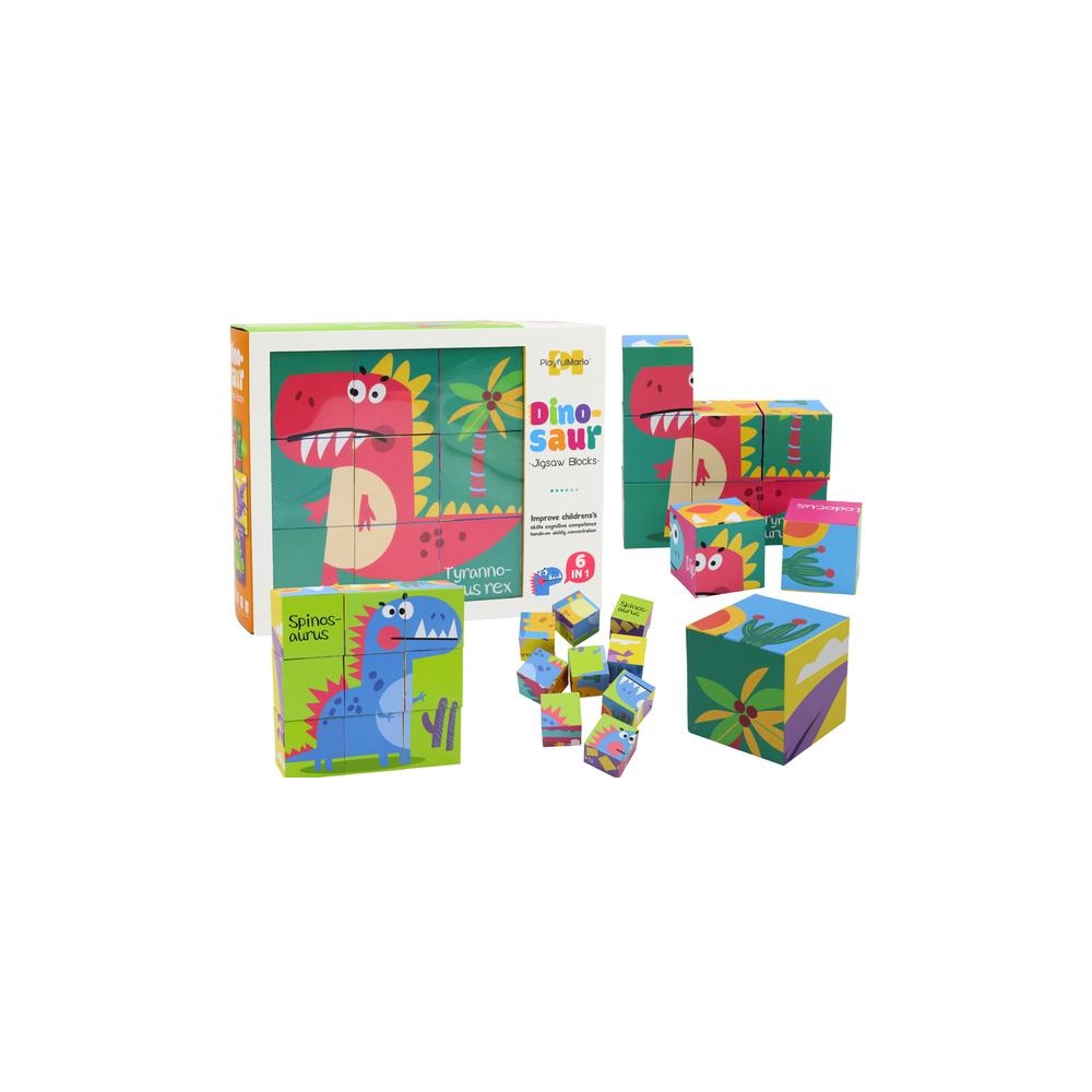 Edukacyjne Puzzle 6w1 Klocki Układanka Kostki 6 Obrazków Dinozaury 9 El.