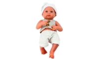 Baby doll in white and gray clothes, hat, pacifier, and blanket