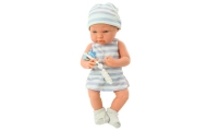 Baby doll in blue and white clothes, hat, pacifier, bib, quilt