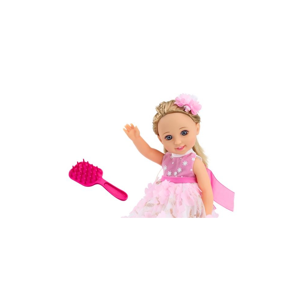 Lalka Różowa Sukienka Długie Włosy Spinka Szczotka 38cm