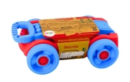 Set of blocks in a blue and red wheeled cart