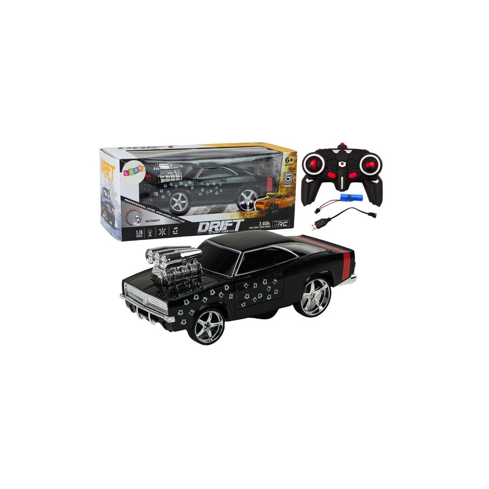 Nuotoliniu būdu valdomas 1:18 Drift 360 Lights Sounds Black-Žaislai, Auto ir transporto žaislai, Valdomos radijo bangomis-e-vaik