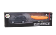 Black Off-Road Car with a Boat Transport Trailer and an Orange Boat