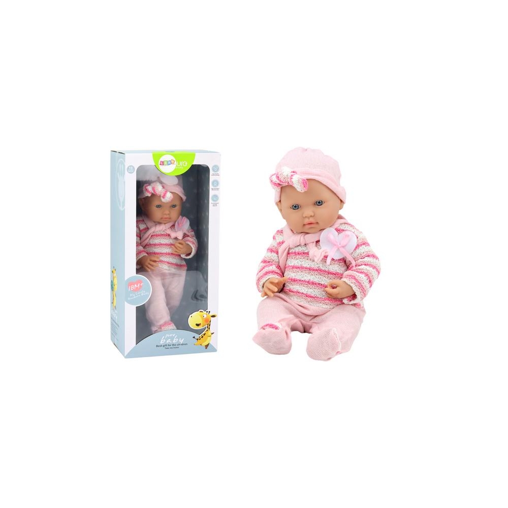 Baby doll, striped sweater, hat, scarf, pink