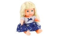 Doll In Navy Blue Dress Peeing Bottle Rattle Sounds