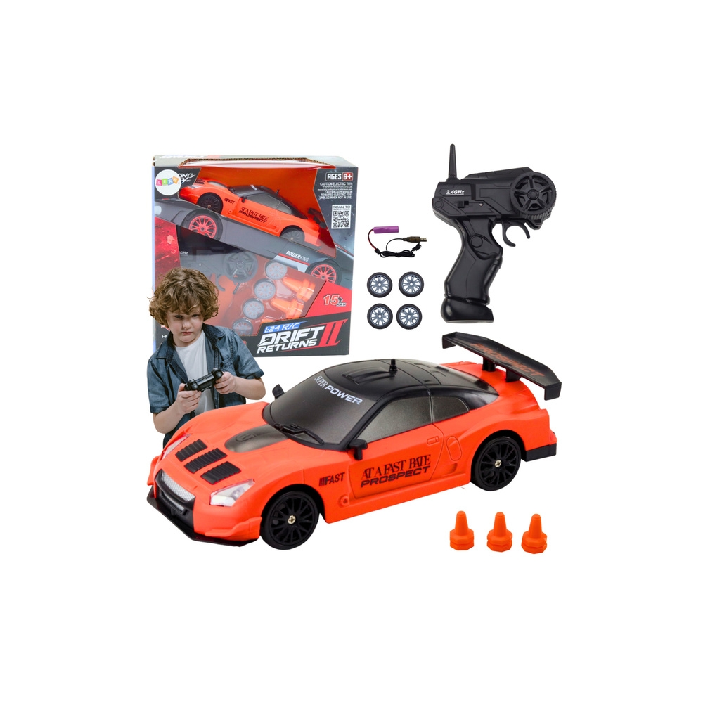 Nuotoliniu būdu valdomas R/C 1:24 oranžinis sportinis automobilis su keičiamais ratais