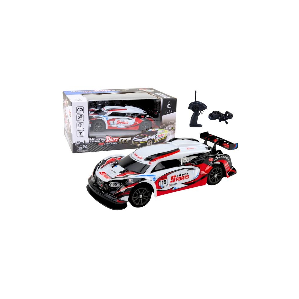 Nuotoliniu būdu valdomas RC sportinis automobilis 1:16 Driftas keičiamais ratais, baltas/raudonas