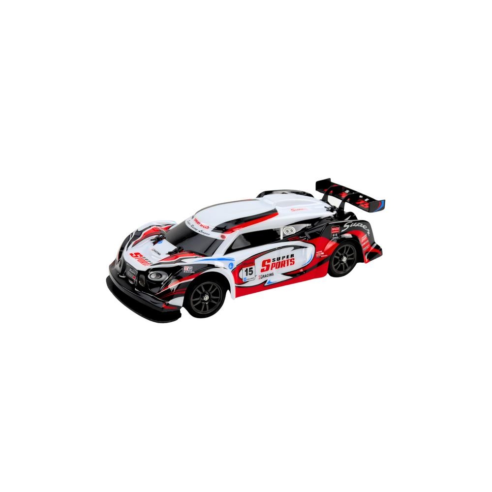 Nuotoliniu būdu valdomas RC sportinis automobilis 1:16 Driftas keičiamais ratais, baltas/raudonas