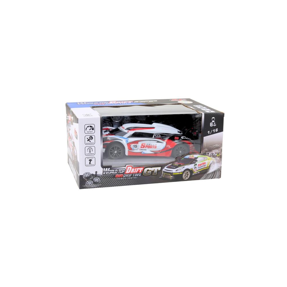 Nuotoliniu būdu valdomas RC sportinis automobilis 1:16 Driftas keičiamais ratais, baltas/raudonas