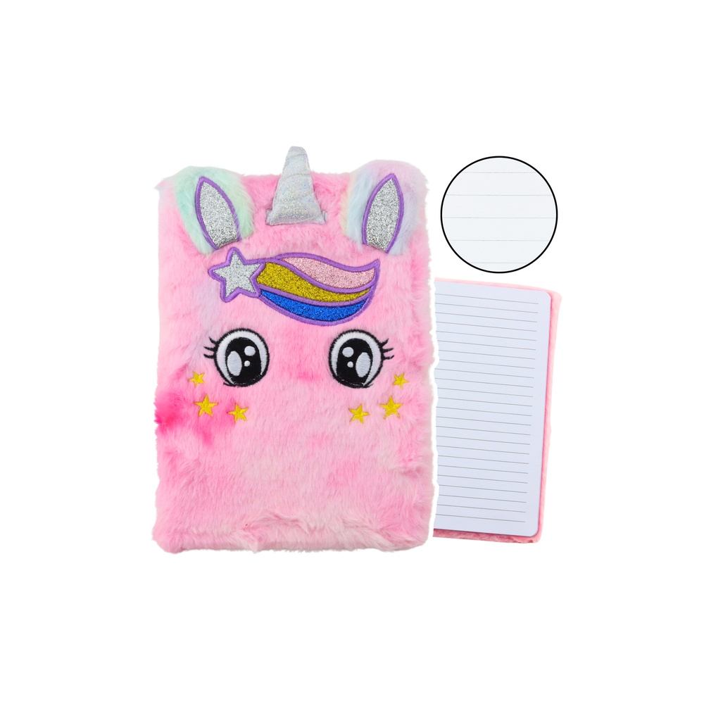 Pliušinis liniuotas užrašų sąsiuvinis Unicorn Pink Rainbow