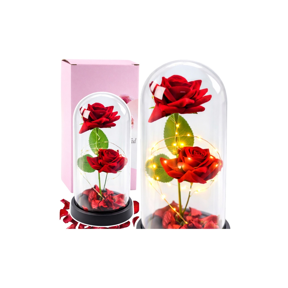 Amžinosios 2 rožės kupole su LED apšvietimu ir rožių žiedlapiais Raudona 21x11cm-Namai, laisvalaikis, turizmas, Namų apyvokos pr