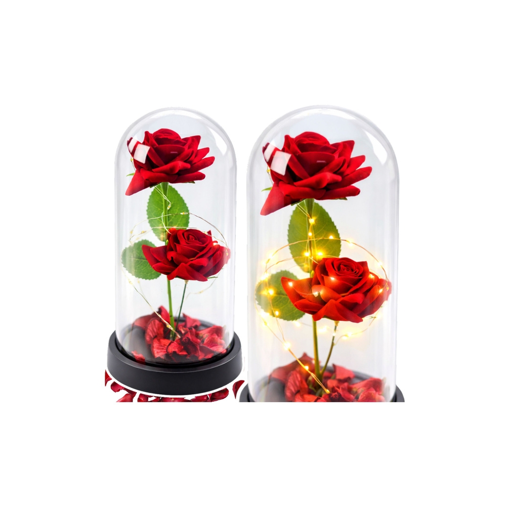 Amžinosios 2 rožės kupole su LED apšvietimu ir rožių žiedlapiais Raudona 21x11cm-Namai, laisvalaikis, turizmas, Namų apyvokos pr