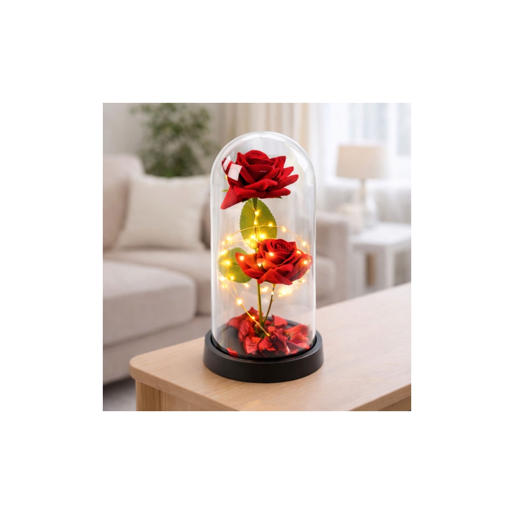 Amžinosios 2 rožės kupole su LED apšvietimu ir rožių žiedlapiais Raudona 21x11cm-Namai, laisvalaikis, turizmas, Namų apyvokos pr