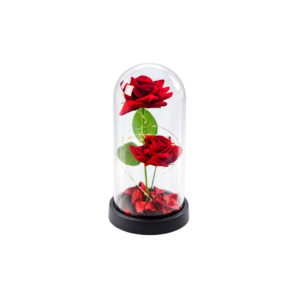 Amžinosios 2 rožės kupole su LED apšvietimu ir rožių žiedlapiais Raudona 21x11cm-Namai, laisvalaikis, turizmas, Namų apyvokos pr