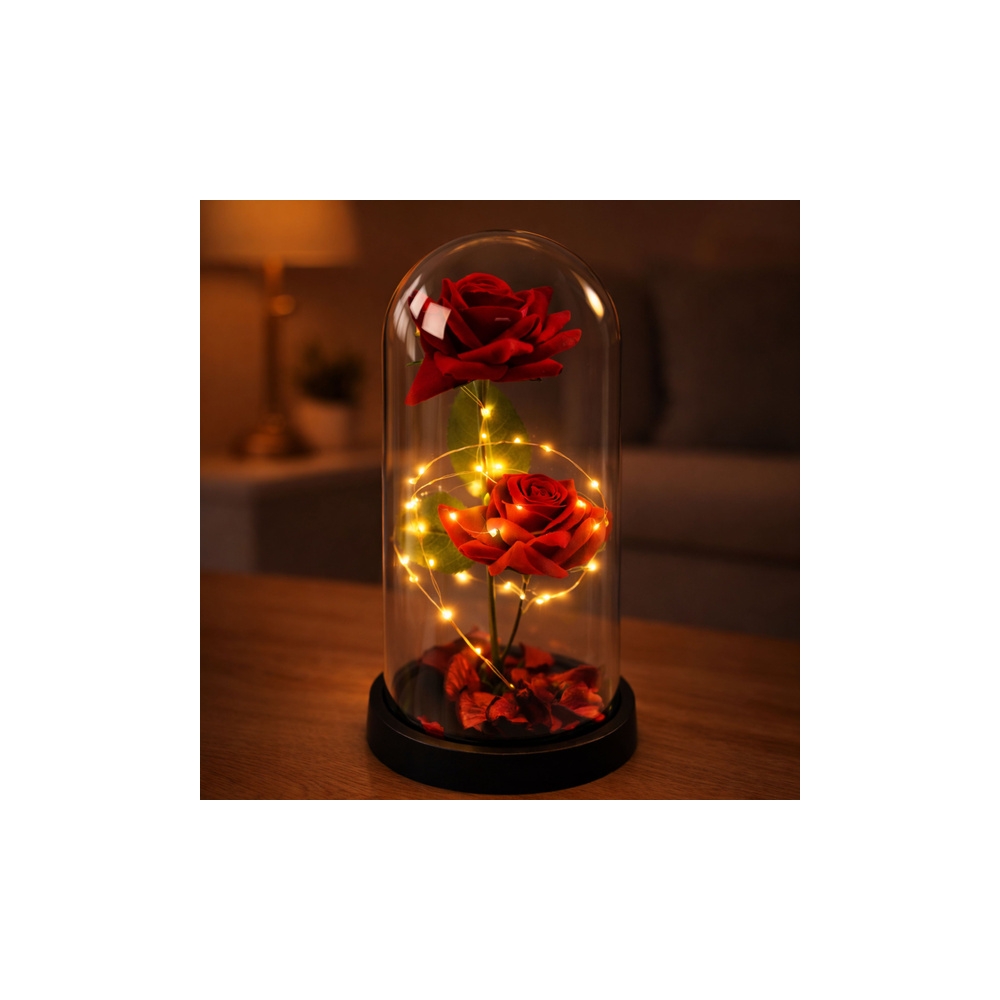 Amžinosios 2 rožės kupole su LED apšvietimu ir rožių žiedlapiais Raudona 21x11cm-Namai, laisvalaikis, turizmas, Namų apyvokos pr