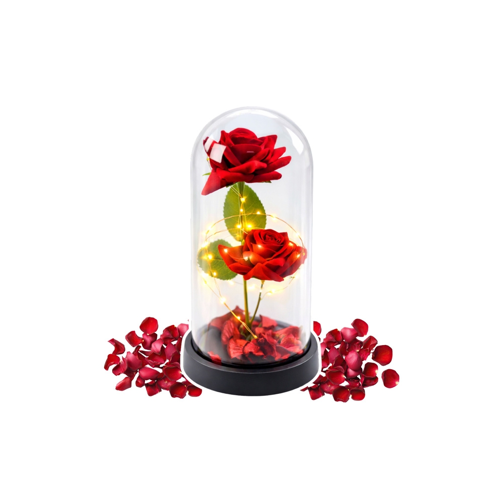 Amžinosios 2 rožės kupole su LED apšvietimu ir rožių žiedlapiais Raudona 21x11cm-Namai, laisvalaikis, turizmas, Namų apyvokos pr