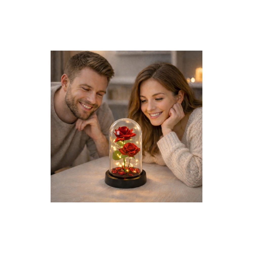 Amžinosios 2 rožės kupole su LED apšvietimu ir rožių žiedlapiais Raudona 21x11cm-Namai, laisvalaikis, turizmas, Namų apyvokos pr
