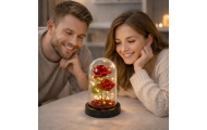 Wieczne 2 Róże w Kopule z Oświetleniem LED i Płatkami Róż Czerwone 21x11cm