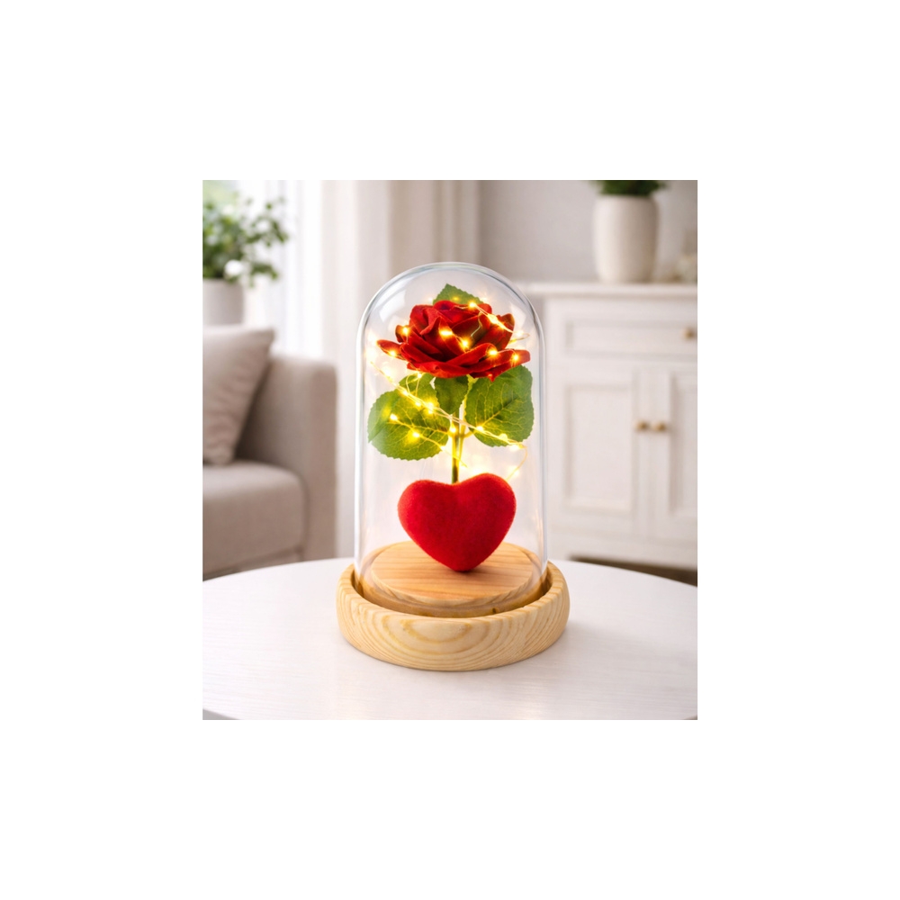 Amžinoji rožė kupole su LED apšvietimu Raudona su širdele 14x8cm-Dovanoms, Šventės, Kalėdos, Velykos, Kiti atributai, dekoracijo