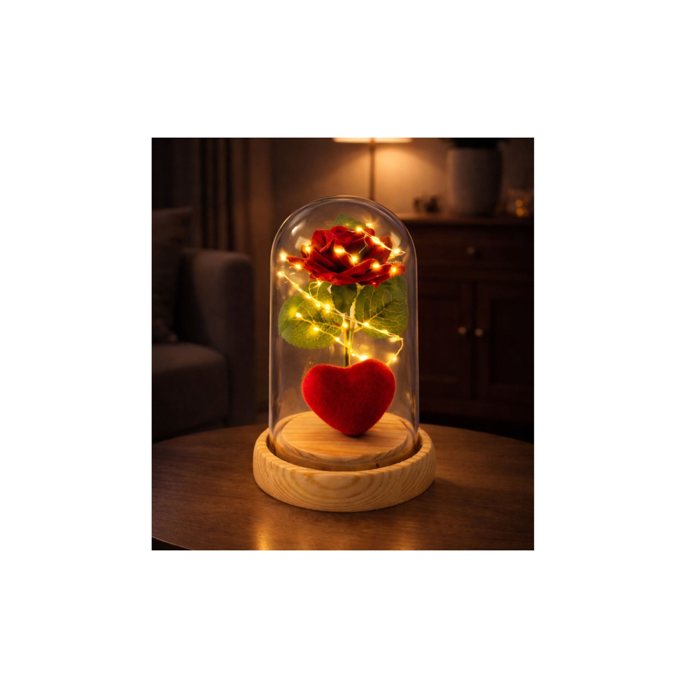 Amžinoji rožė kupole su LED apšvietimu Raudona su širdele 14x8cm-Dovanoms, Šventės, Kalėdos, Velykos, Kiti atributai, dekoracijo