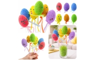 Easter Eggs on Wire Pick Colorful Leaves Ribbon Decoration 6pcs