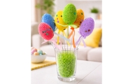 Easter Eggs on Wire Pick Colorful Leaves Ribbon Decoration 6pcs