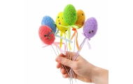 Easter Eggs on Wire Pick Colorful Leaves Ribbon Decoration 6pcs
