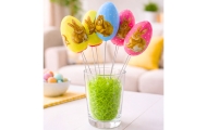 Easter Eggs On A Wire Pick Colorful With Bunnies Decoration 6pcs
