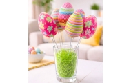Easter Eggs on Wire Pick Dots Flowers Stripes Decoration Colorful 6pcs
