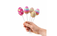 Easter Eggs on Wire Pick Dots Flowers Stripes Decoration Colorful 6pcs