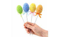Easter Eggs On A Wire Pick Colorful White Patterns Ribbon Decoration 6pcs