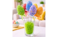 Easter Eggs on Wire Pick Colorful Leaves Ribbon Decoration 5pcs