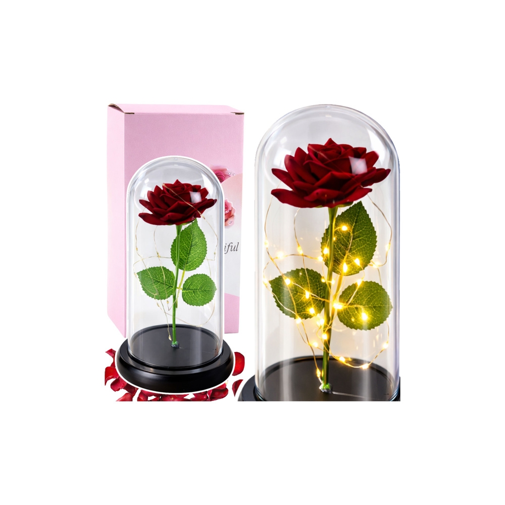 Amžinoji rožė stikliniame kupole LED apšvietimas 21x11cm Raudona