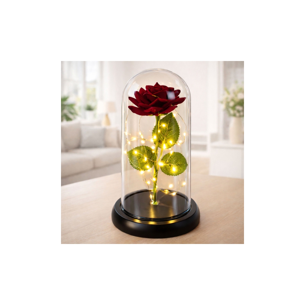 Amžinoji rožė stikliniame kupole LED apšvietimas 21x11cm Raudona