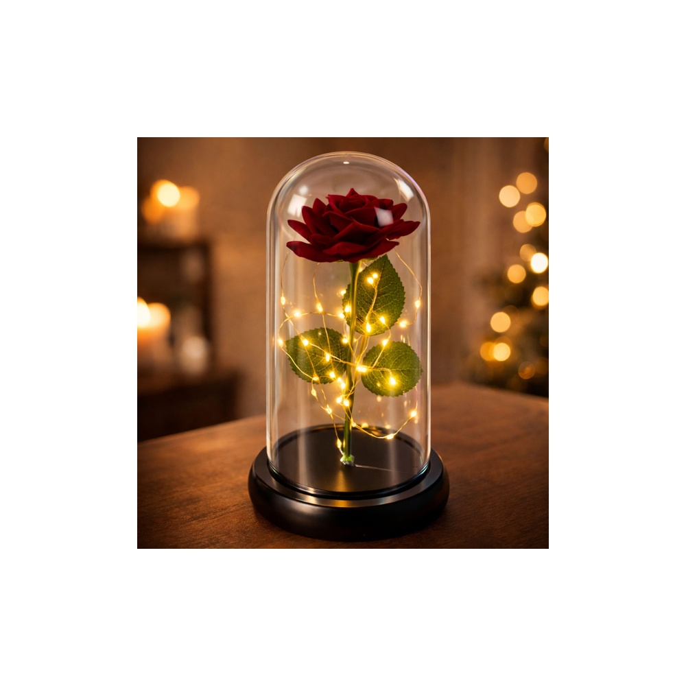 Amžinoji rožė stikliniame kupole LED apšvietimas 21x11cm Raudona