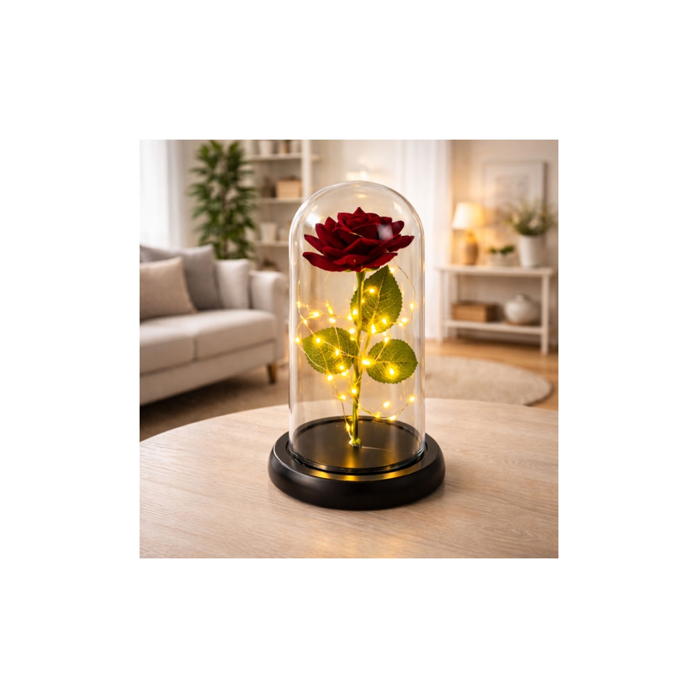 Amžinoji rožė stikliniame kupole LED apšvietimas 21x11cm Raudona