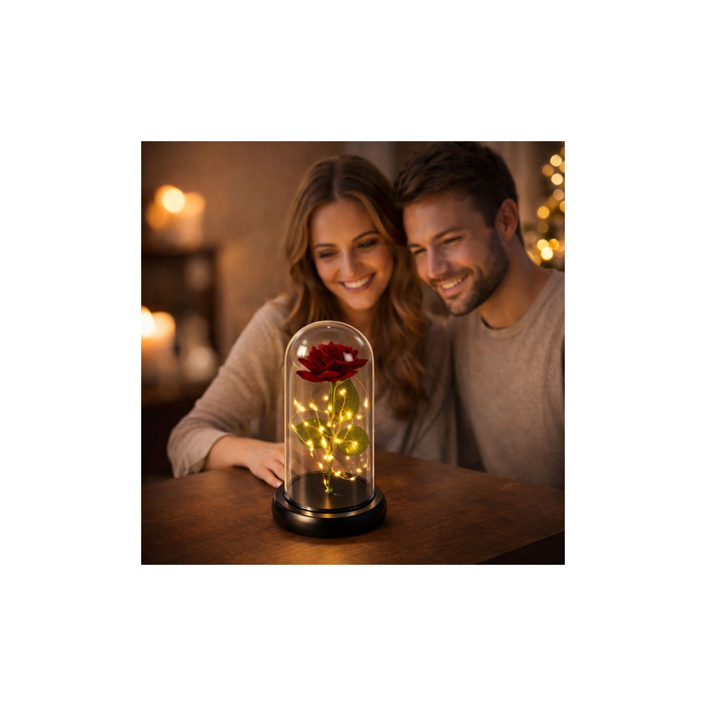 Wieczna Róża w Kopule z Oświetleniem LED Czerwona 21x11cm
