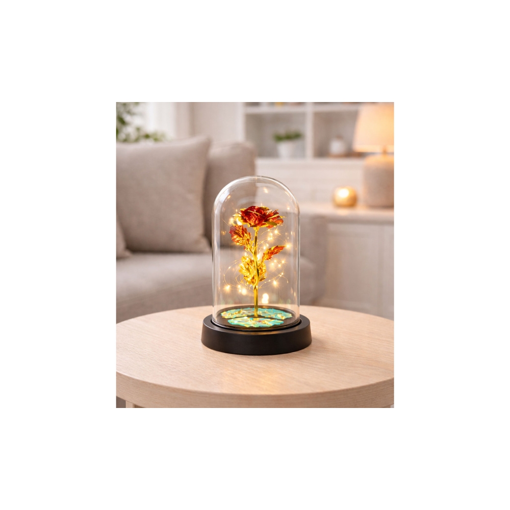 Wieczna Kryształowa Róża w Kopule z Oświetleniem LED Czerwona 21x11cm